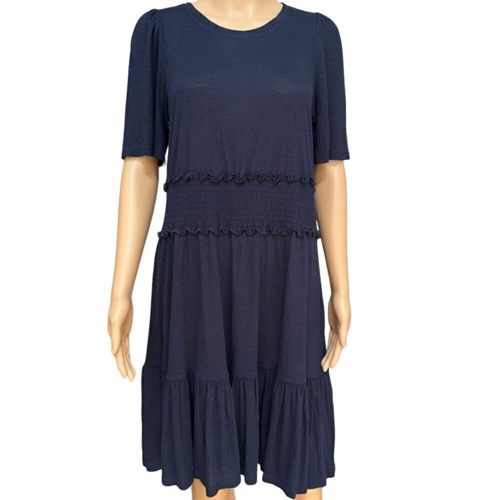 Rebecca Taylor stretchy navy blue dress with elastic waist rayon/flax blend S